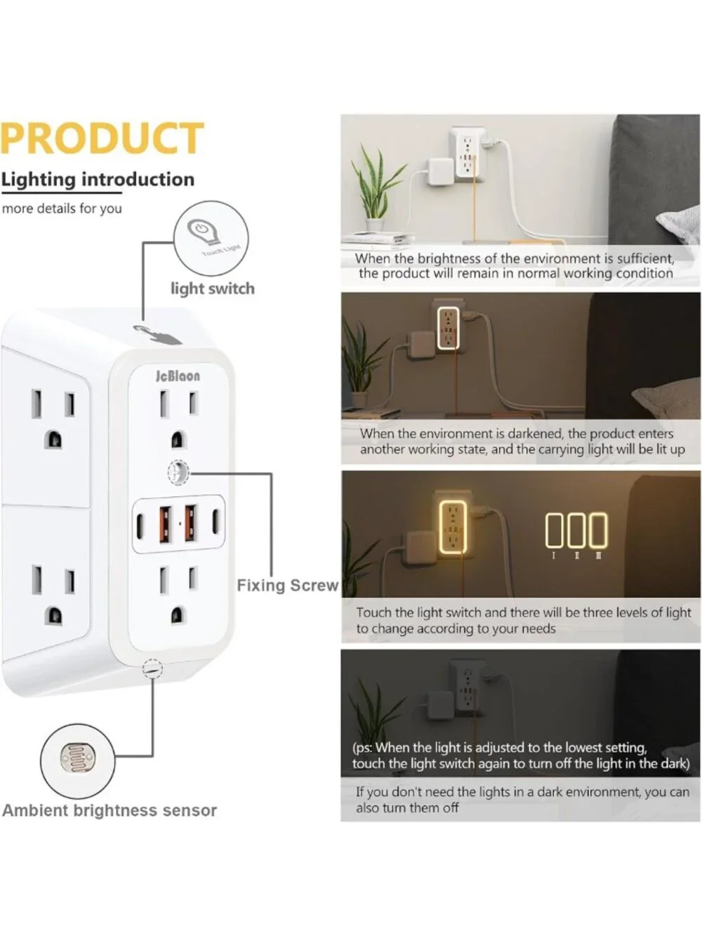 6-Outlet Power Plug Adapter with 4 USB Ports & Night Light - Travel & Home Use